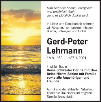 Traueranzeige von Gerd-Peter Lehmann von lausitzer_rundschau
