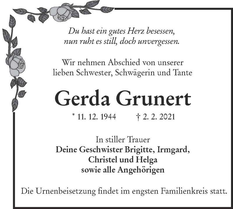  Traueranzeige für Gerda Grunert vom 13.02.2021 aus lausitzer_rundschau