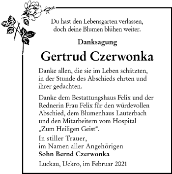 Traueranzeige von Gertrud Czerwonka von lausitzer_rundschau