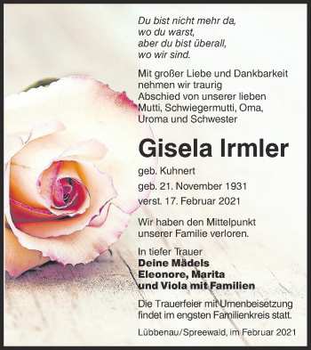 Traueranzeige von Gisela Irmler von lausitzer_rundschau