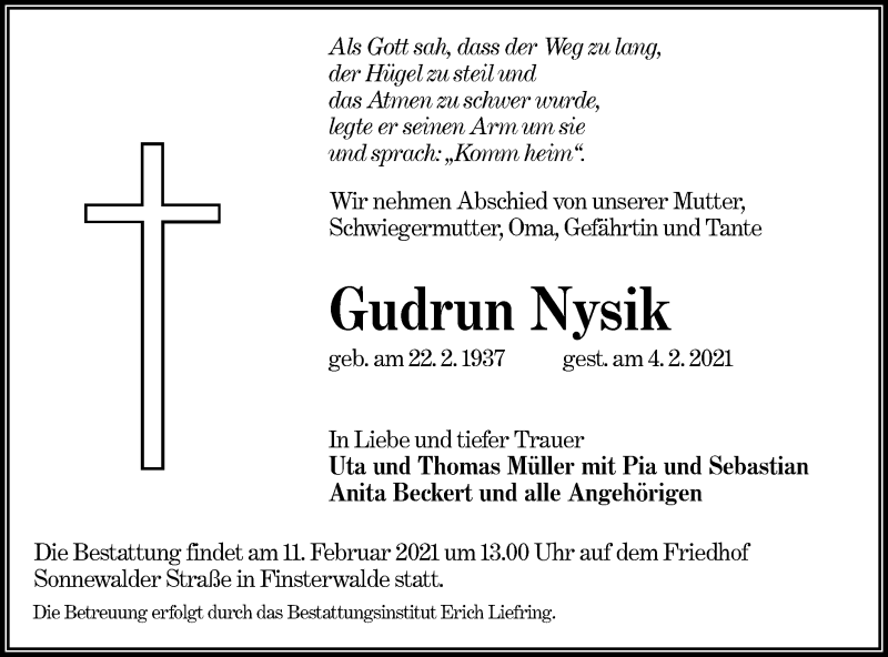  Traueranzeige für Gudrun Nysik vom 06.02.2021 aus lausitzer_rundschau