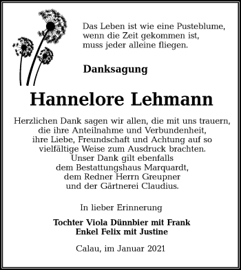 Traueranzeige von Hannelore Lehmann von lausitzer_rundschau