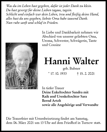 Traueranzeige von Hanni Walter von lausitzer_rundschau