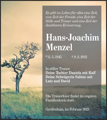 Traueranzeige von Hans-Joachim Menzel von lausitzer_rundschau