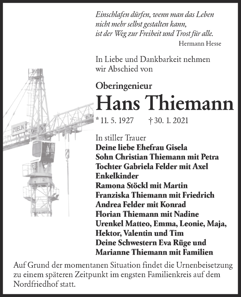  Traueranzeige für Hans Thiemann vom 13.02.2021 aus lausitzer_rundschau