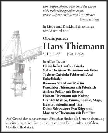Traueranzeige von Hans Thiemann von lausitzer_rundschau