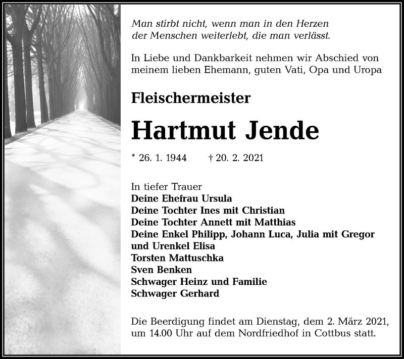  Traueranzeige für Hartmut Jende vom 24.02.2021 aus lausitzer_rundschau
