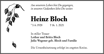 Traueranzeige von Heinz Bloch von lausitzer_rundschau