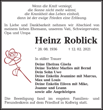 Traueranzeige von Heinz Roblick von lausitzer_rundschau