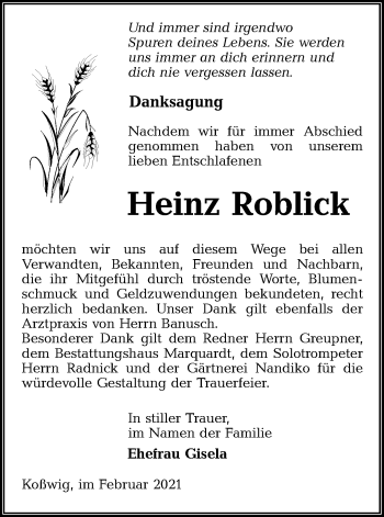 Traueranzeige von Heinz Roblick von lausitzer_rundschau