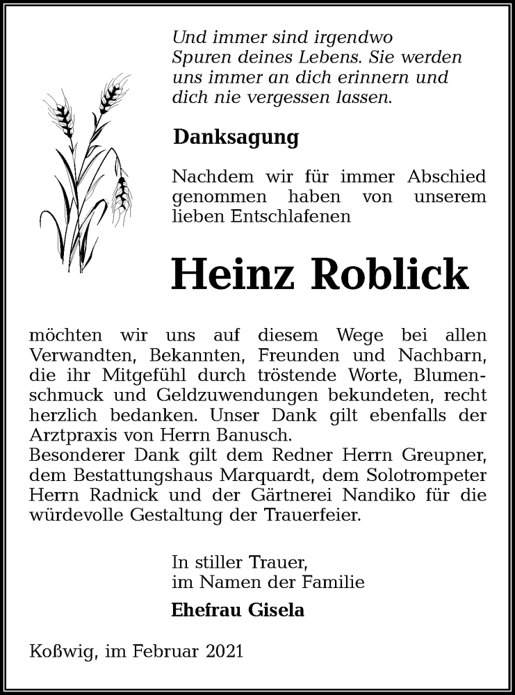  Traueranzeige für Heinz Roblick vom 27.02.2021 aus lausitzer_rundschau