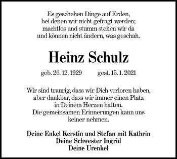 Traueranzeige von Heinz Schulz von lausitzer_rundschau