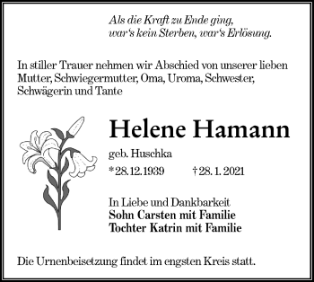 Traueranzeige von Helene Hamann von lausitzer_rundschau