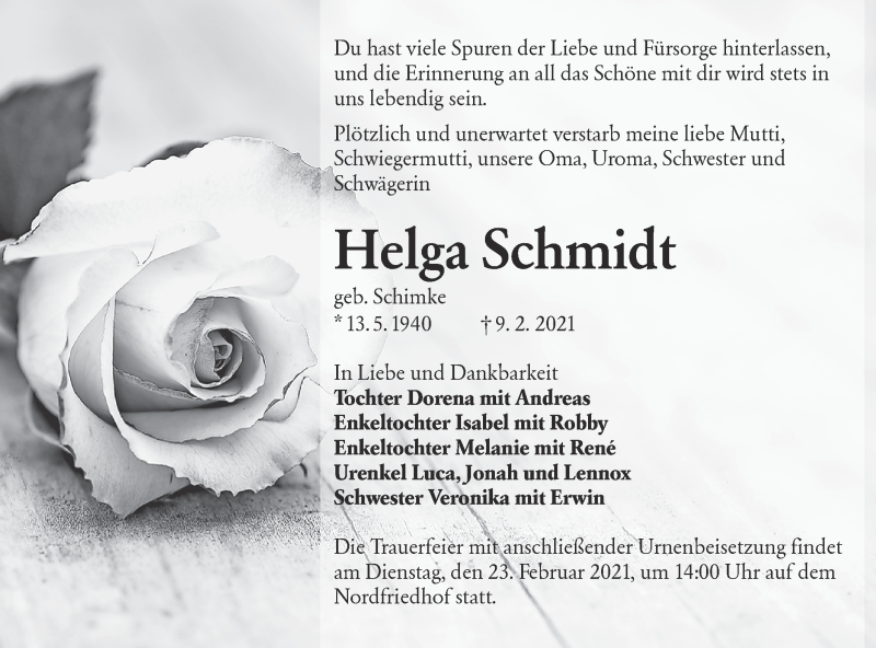  Traueranzeige für Helga Schmidt vom 13.02.2021 aus lausitzer_rundschau