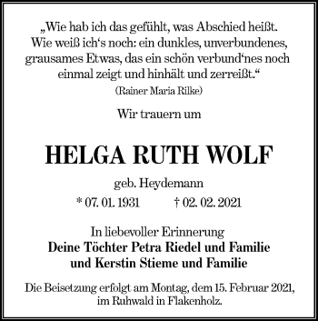 Traueranzeige von Helga Ruth Wolf von lausitzer_rundschau