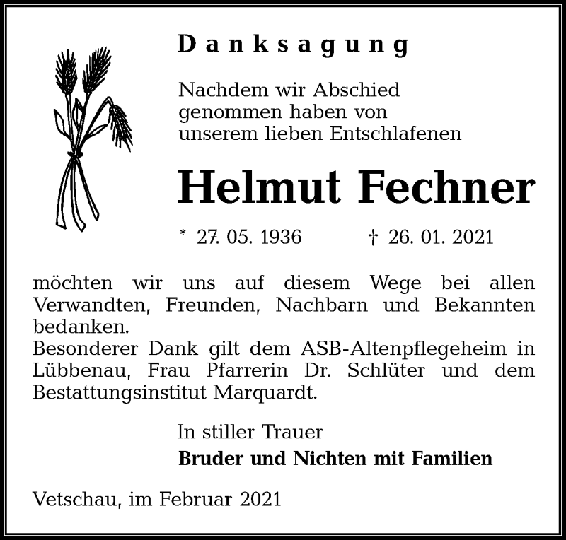  Traueranzeige für Helmut Fechner vom 27.02.2021 aus lausitzer_rundschau