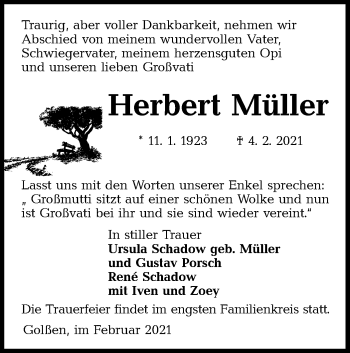 Traueranzeige von Herbert Müller von lausitzer_rundschau
