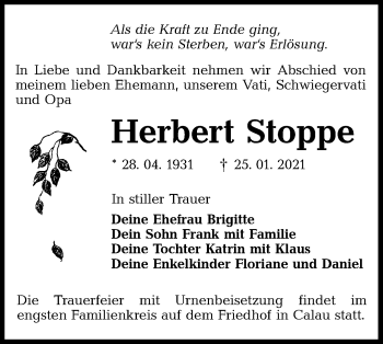 Traueranzeige von Herbert Stoppe von lausitzer_rundschau