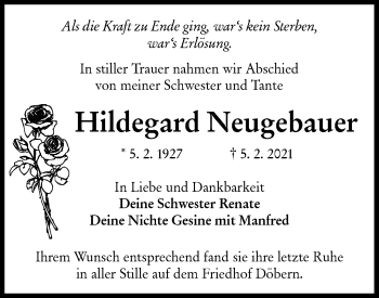 Traueranzeige von Hildegard Neugebauer von lausitzer_rundschau