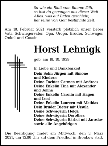 Traueranzeige von Horst Lehnigk von lausitzer_rundschau