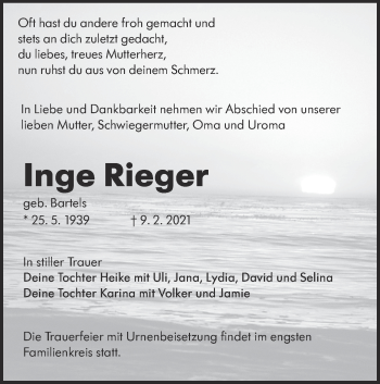 Traueranzeige von Inge Rieger von lausitzer_rundschau