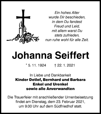 Traueranzeige von Johanna Seiffert von lausitzer_rundschau