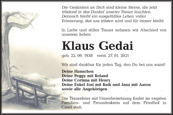 Traueranzeige von Klaus Gedai von lausitzer_rundschau
