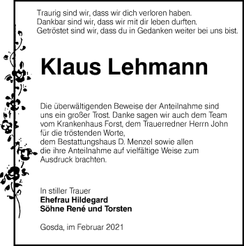 Traueranzeige von Klaus Lehmann von lausitzer_rundschau