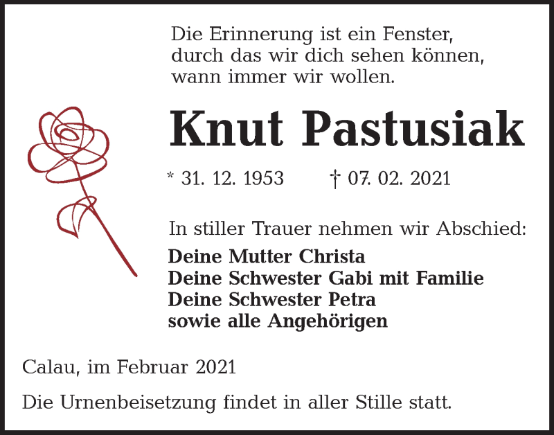  Traueranzeige für Knut Pastusiak vom 20.02.2021 aus lausitzer_rundschau