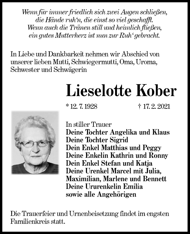  Traueranzeige für Lieselotte Kober vom 27.02.2021 aus lausitzer_rundschau