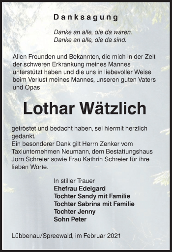Traueranzeige von Lothar Wätzlich von lausitzer_rundschau