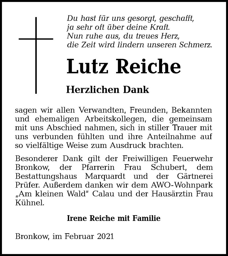  Traueranzeige für Lutz Reiche vom 27.02.2021 aus lausitzer_rundschau