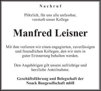 Traueranzeige von Manfred Leisner von lausitzer_rundschau