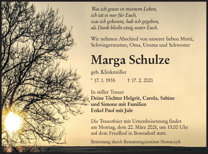  Traueranzeige für Marga Schulze vom 27.02.2021 aus lausitzer_rundschau