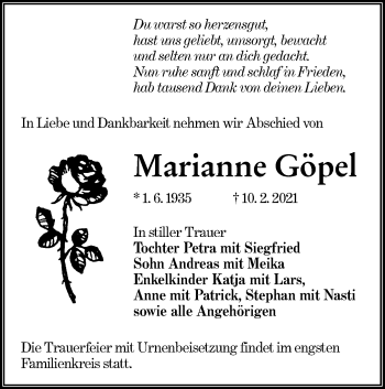Traueranzeige von Marianne Göpel von lausitzer_rundschau