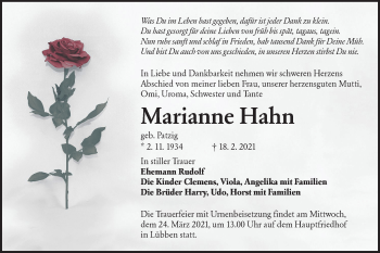 Traueranzeige von Marianne Hahn von lausitzer_rundschau