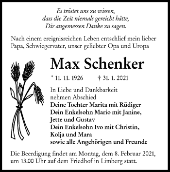 Traueranzeige von Max Schenker von lausitzer_rundschau