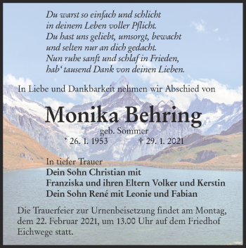 Traueranzeige von Monika Behring von lausitzer_rundschau