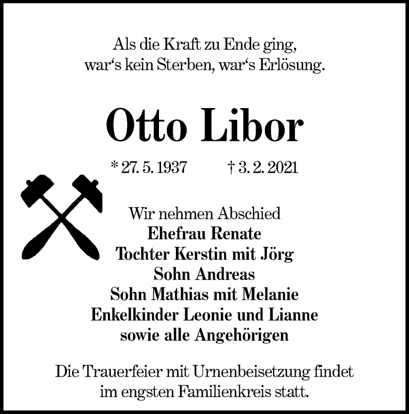 Traueranzeige für Otto Libor vom 13.02.2021 aus lausitzer_rundschau