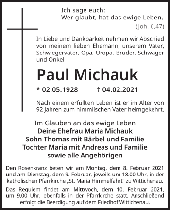 Traueranzeige von Paul Michauk von lausitzer_rundschau