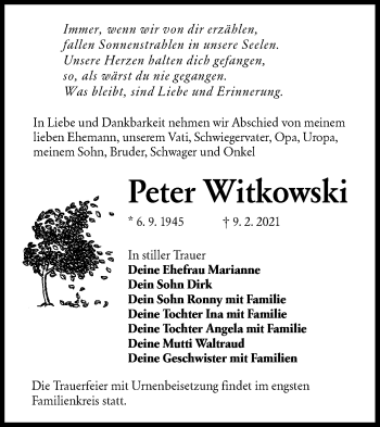 Traueranzeige von Peter Witkowski von lausitzer_rundschau