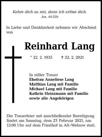 Traueranzeige von Reinhard Lang von lausitzer_rundschau