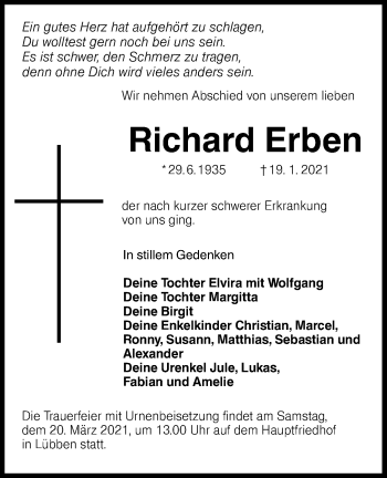 Traueranzeige von Richard Erben von lausitzer_rundschau