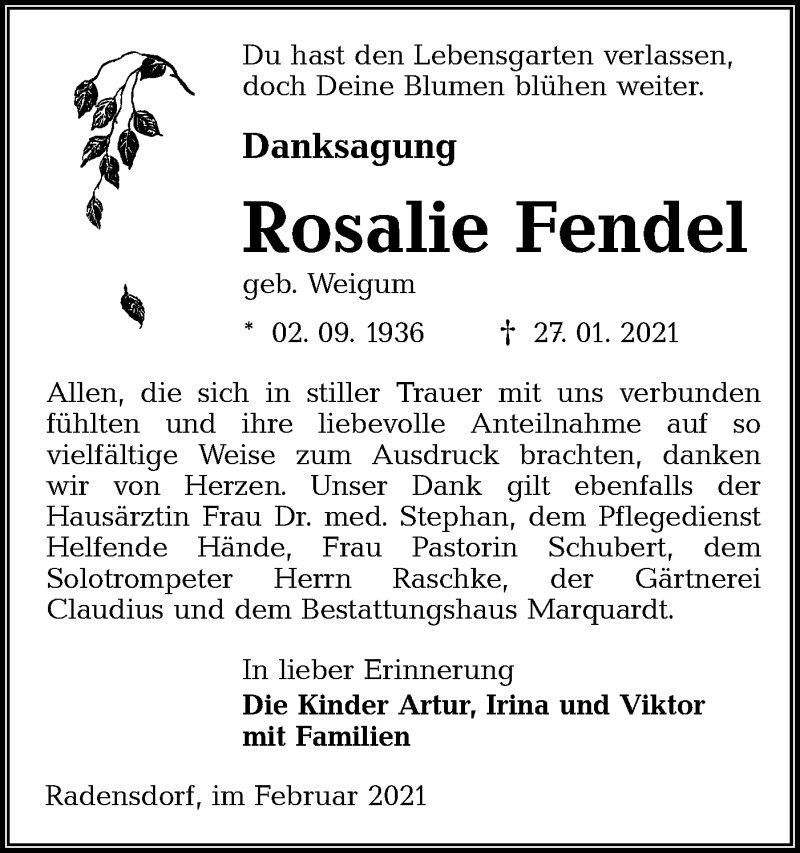  Traueranzeige für Rosalie Fendel vom 20.02.2021 aus lausitzer_rundschau
