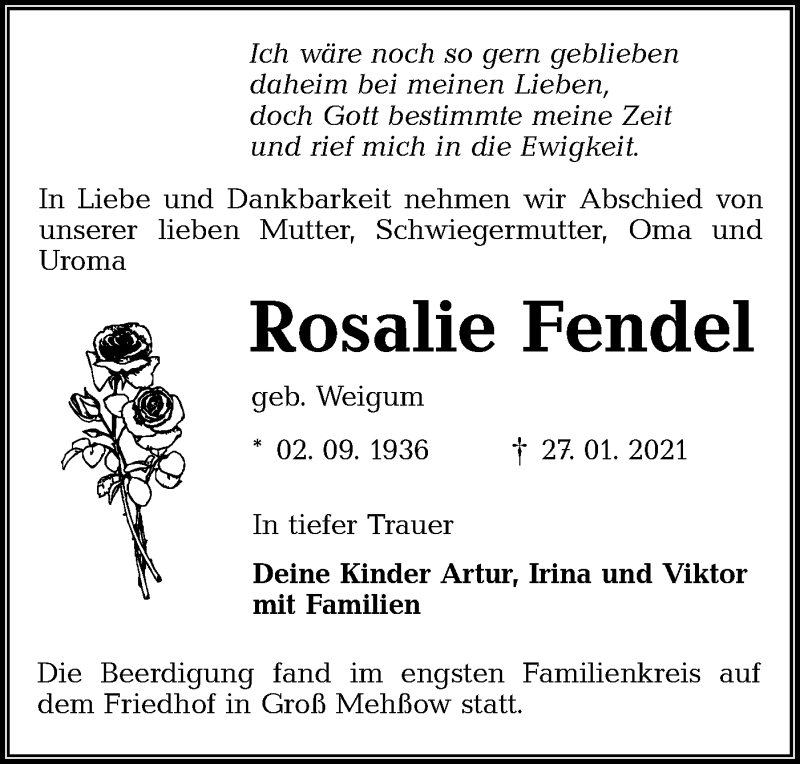  Traueranzeige für Rosalie Fendel vom 06.02.2021 aus lausitzer_rundschau