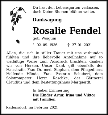 Traueranzeige von Rosalie Fendel von lausitzer_rundschau