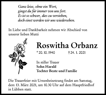 Traueranzeige von Roswitha Orbanz von lausitzer_rundschau