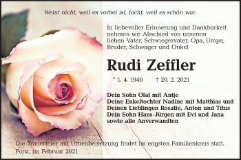 Traueranzeige von Rudi Zeffler von lausitzer_rundschau