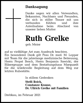 Traueranzeige von Ruth Grelke von lausitzer_rundschau