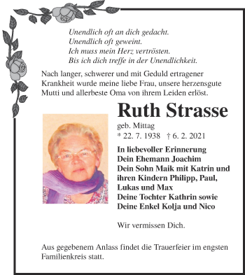 Traueranzeige von Ruth Strasse von lausitzer_rundschau